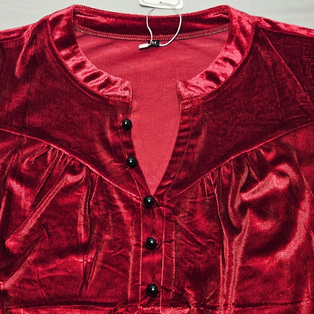 Mokayee Velvet Blouse Womens Medium Red Henley Long Sleeve Holiday Party Top